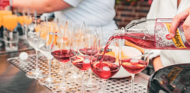 Mehrere Gläser mit roten Getränken, Eiswürfeln und Zitronenscheiben.